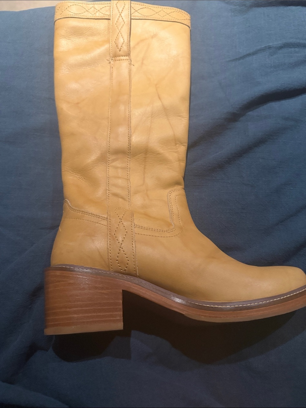Frye Mustard Tan Leather Mid-Calf Heeled Boot